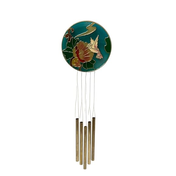 Hummingbird & Flower Stained Plastic Glass Wind Chime With Brass Tubes 6" - Picture 1 of 7